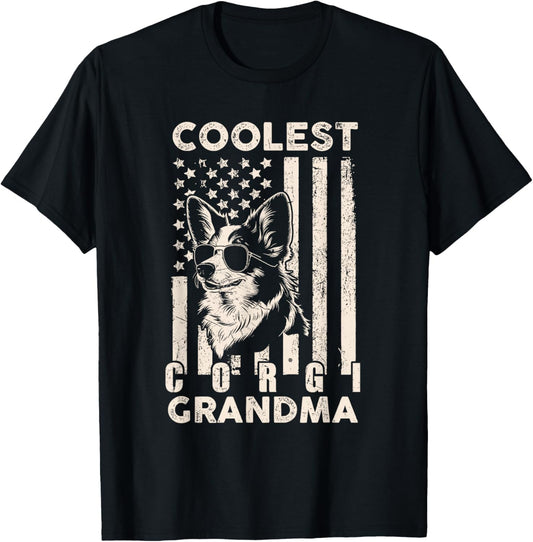 Coolest Corgi Grandma Vintage American Flag Funny Dog Xmas T-Shirt - T-Shirt | Black