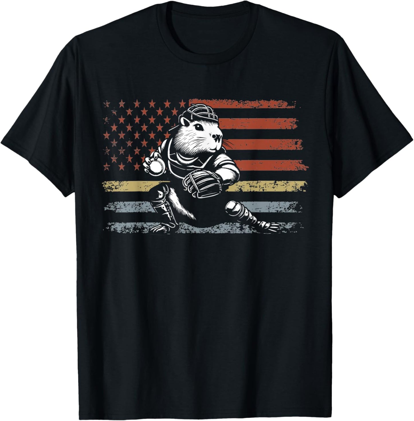 Capybara Baseball Retro Usa Flag Capybara Catcher Baseball T-Shirt - T-Shirt | Black