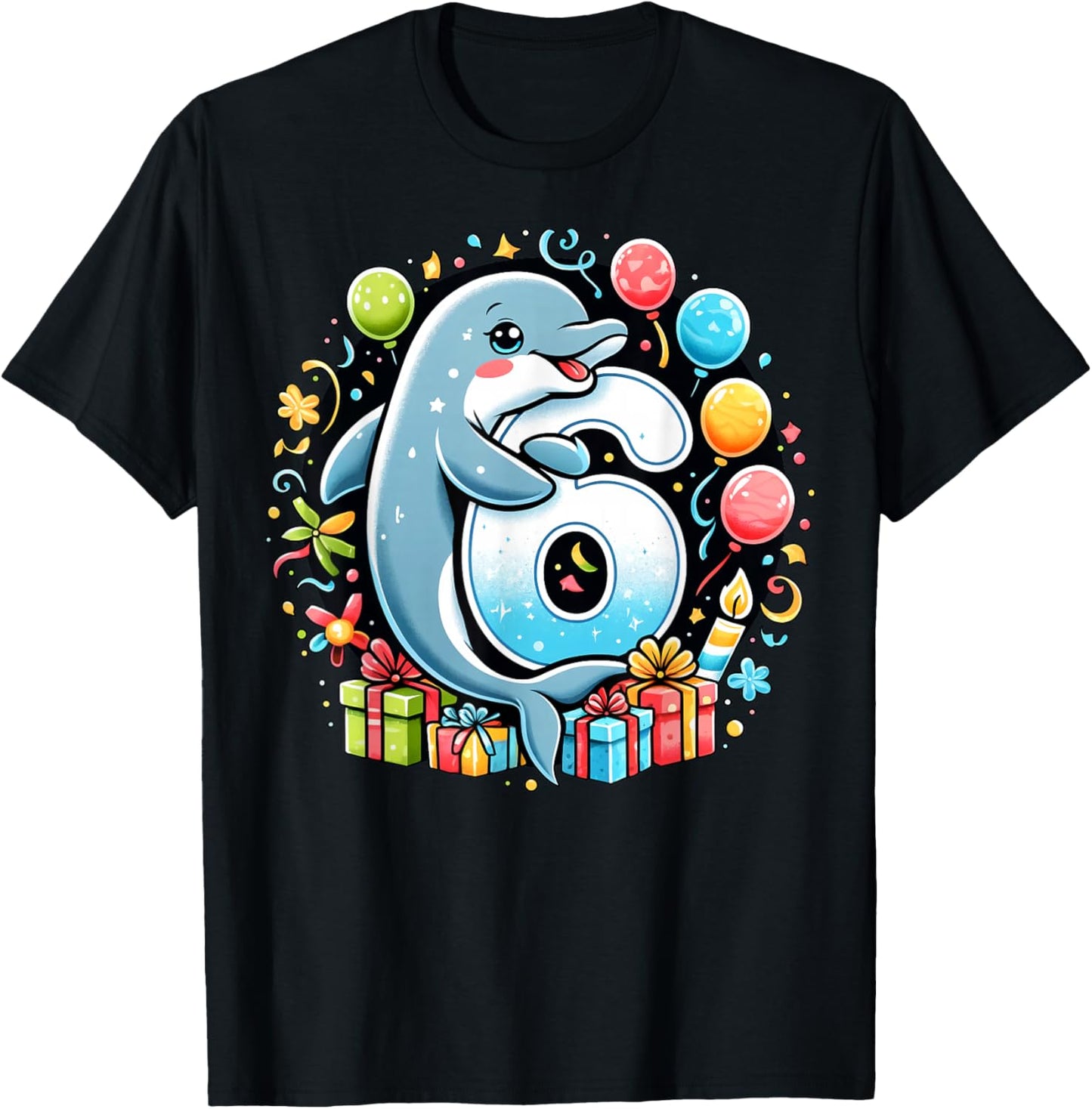 Kids Dolphin Theme sixth Bday Party 6th Dolphin Birthday T-Shirt - T-Shirt | Black
