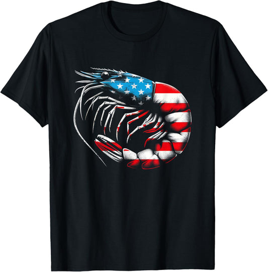 Shrimp American Flag - Patriotic USA Crab Prawn Lover T-Shirt - T-Shirt | Black
