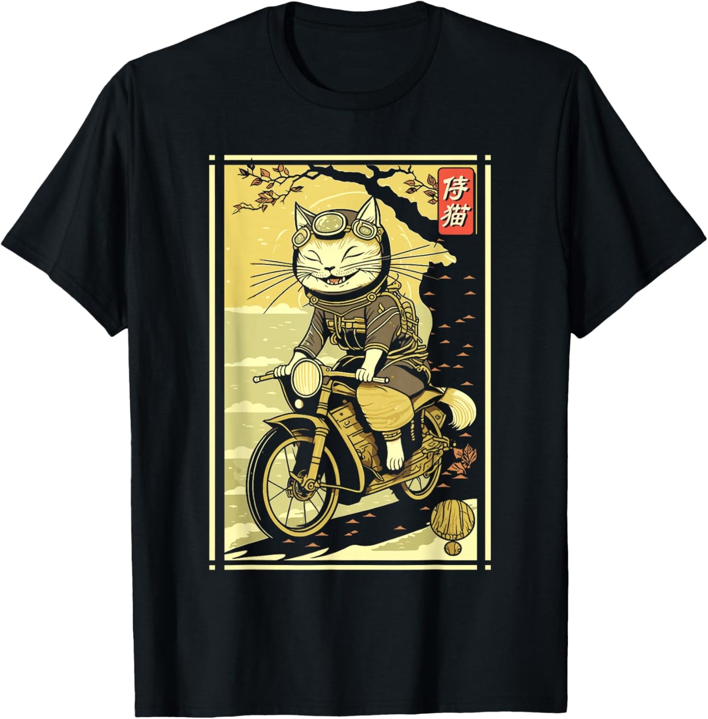 Japanese Samurai Cat on Motorcycle Kawaii Ninja Cat T-Shirt - T-Shirt | Black