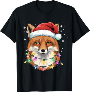 Christmas Lights Fox Santa Hat Cute Xmas Pajamas T-Shirt - T-Shirt | Black