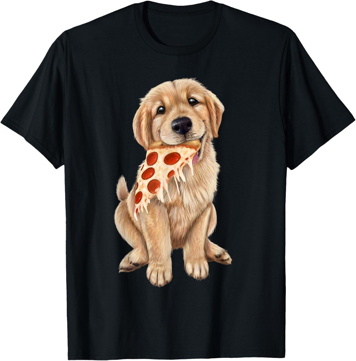 Golden Retriever eating pizza - puppy with a slice of pizza T-Shirt - T-Shirt | Black