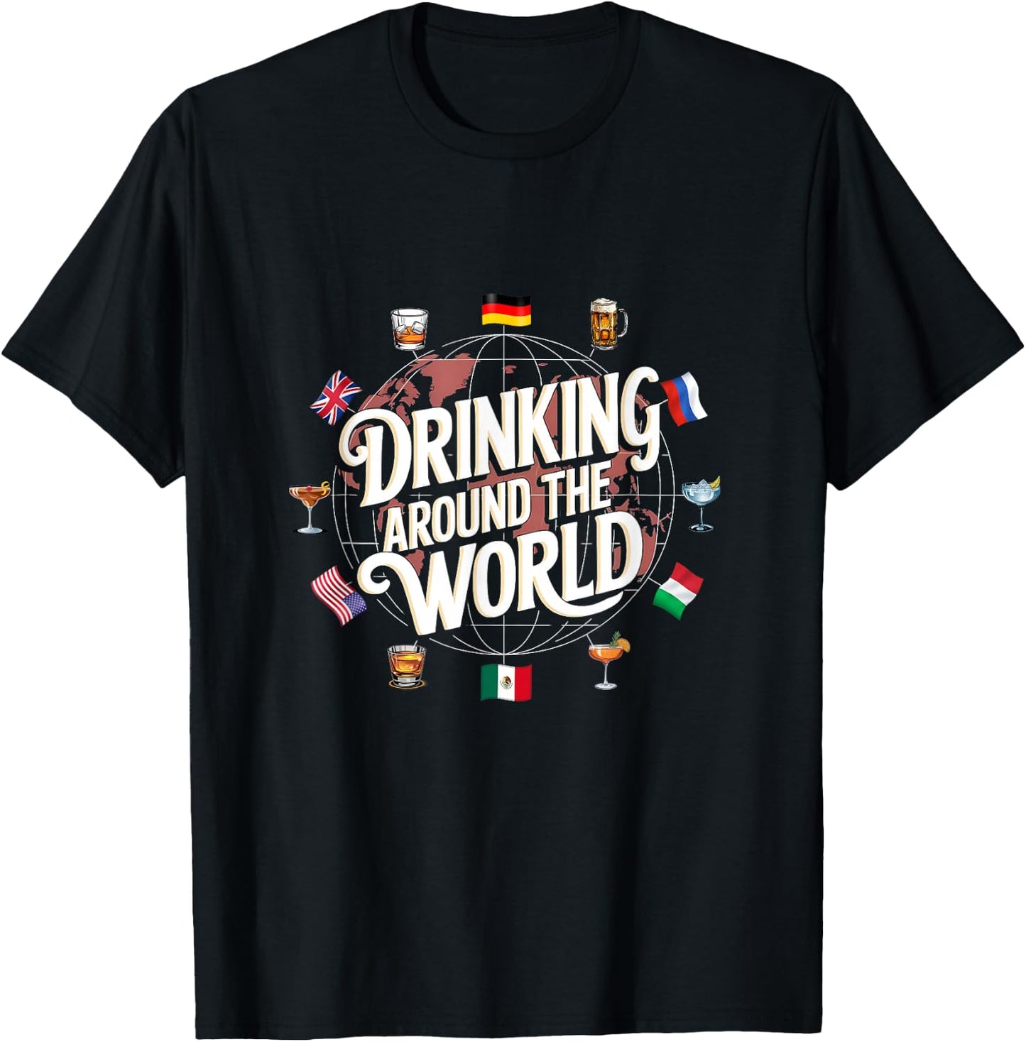 Funny Drinking Around The World Drink - Funny Drinking Around The World Drink - Black - -Adults - Short Sleeve - - Polyester 100% - Modern Cartoon Round Collar - Small T-Shirt - T-Shirt | Black