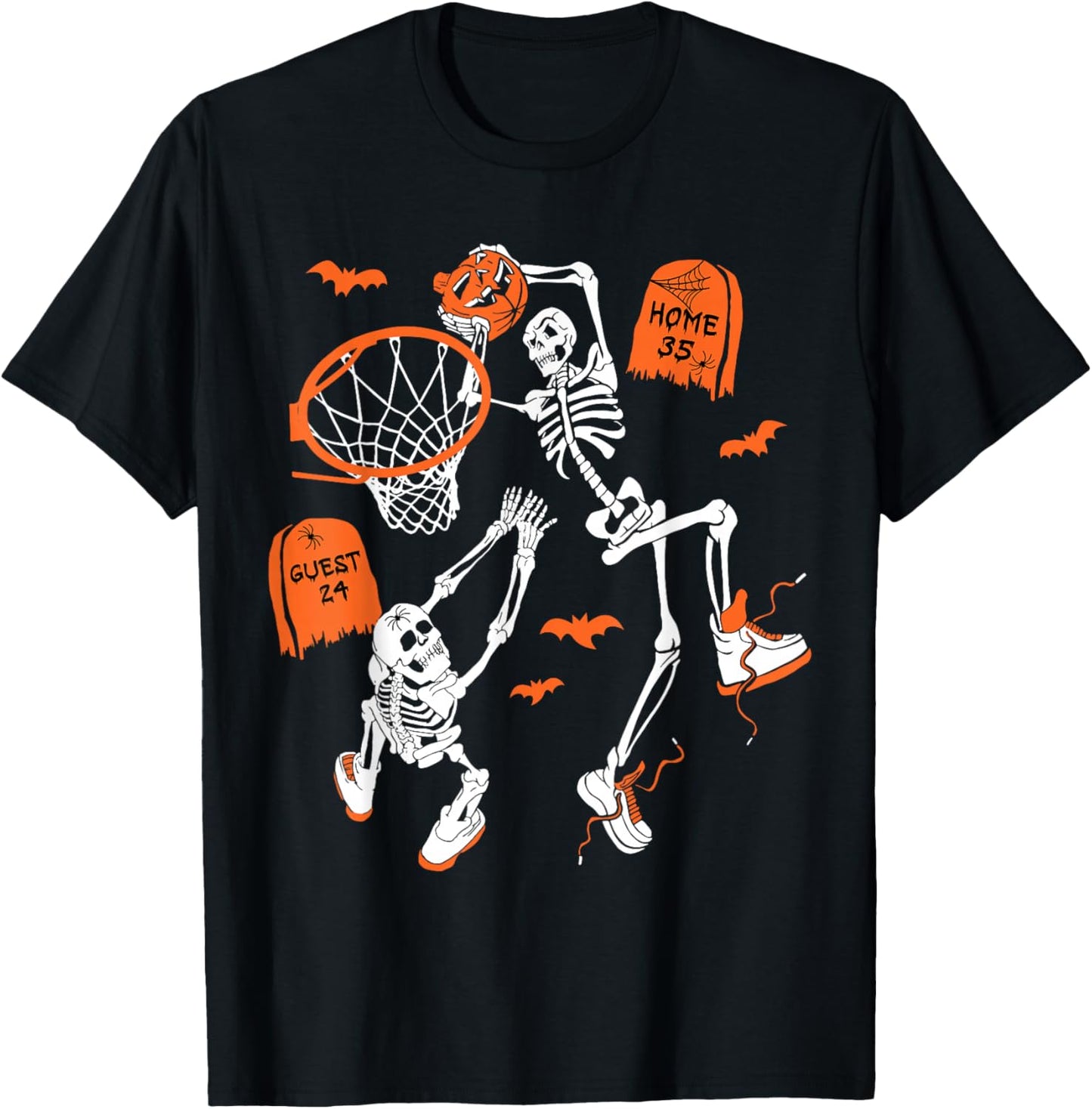 Spooky Skeleton Dunking Basketball Graveyard Halloween T-Shirt - T-Shirt | Black