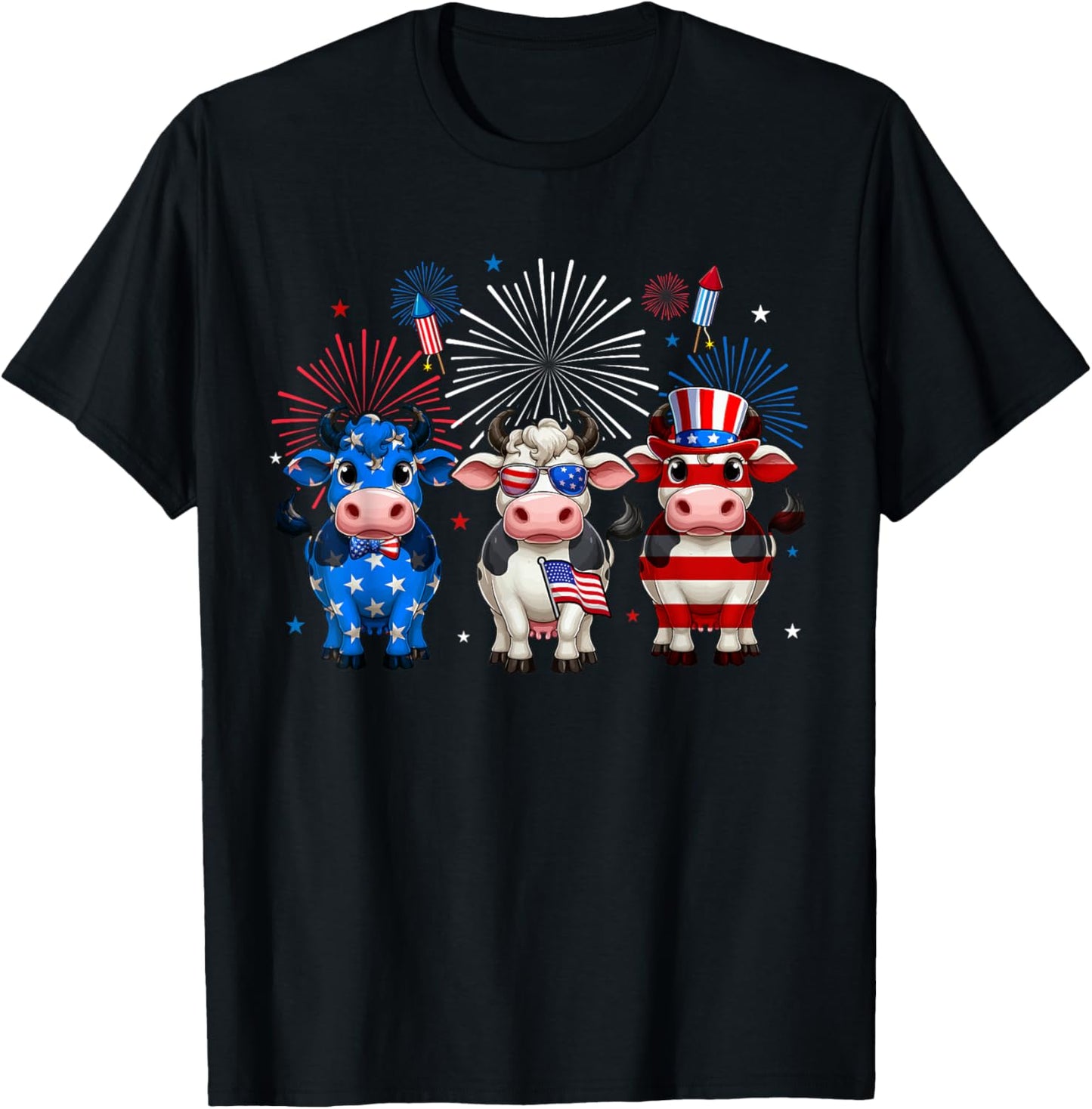 Three Red Blue White Cute Cows 4th Of July Farmer Rancher Kids Men T-Shirt - T-Shirt | Black