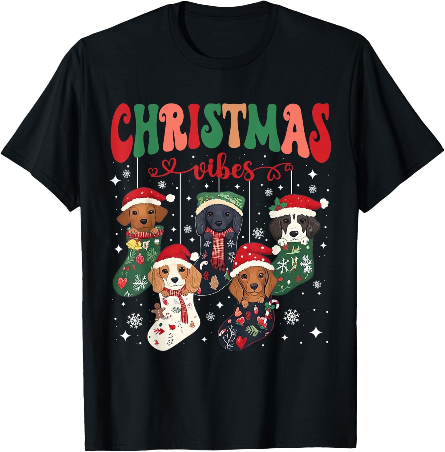 Cute Santa Hat Dachshund in Socks Christmas Vibes Weiner Dog T-Shirt - T-Shirt | Black