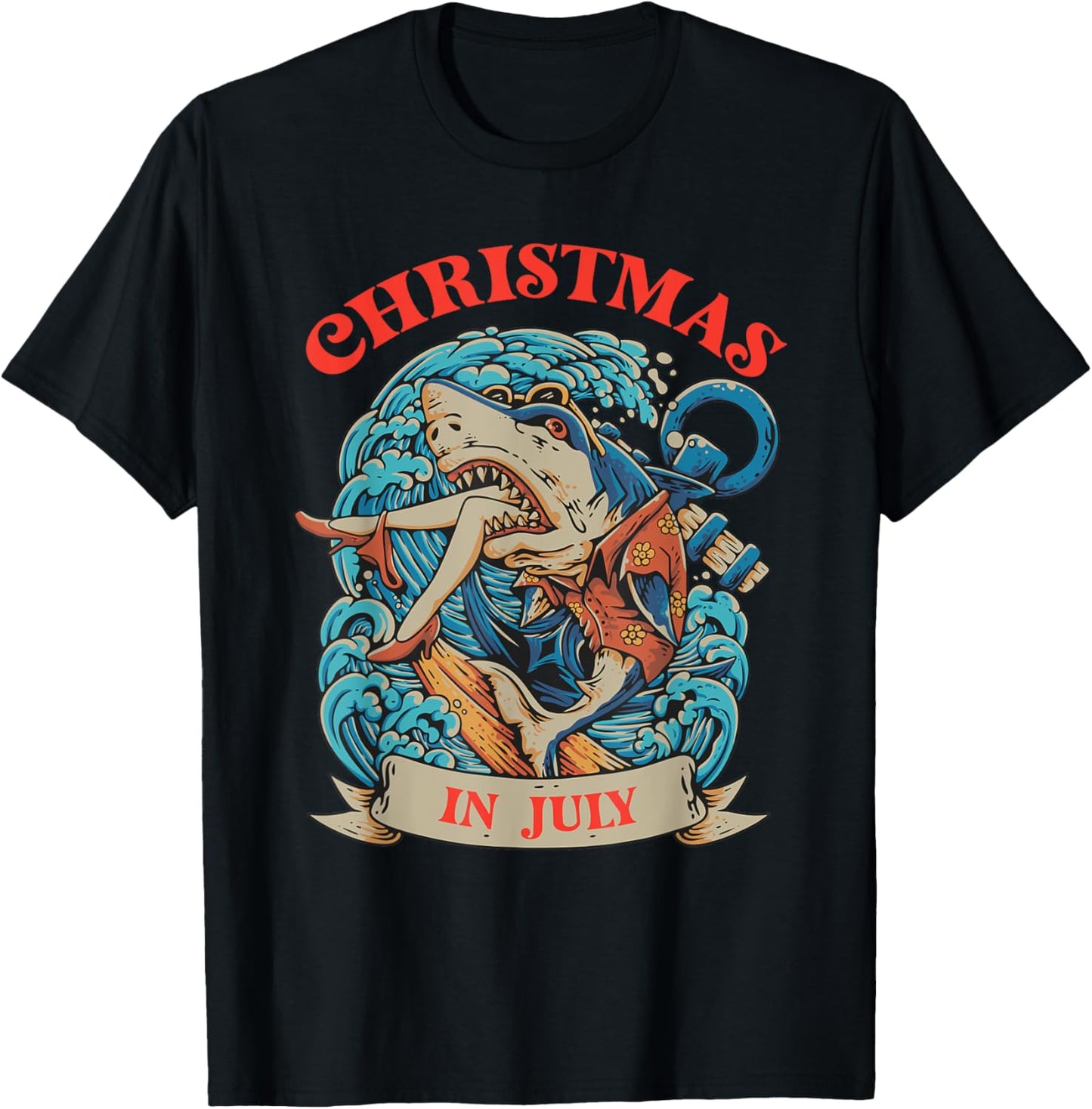 Christmas in July Summer Shark Vacation Xmas Surprise Men Women Kids T-Shirt - T-Shirt | Black