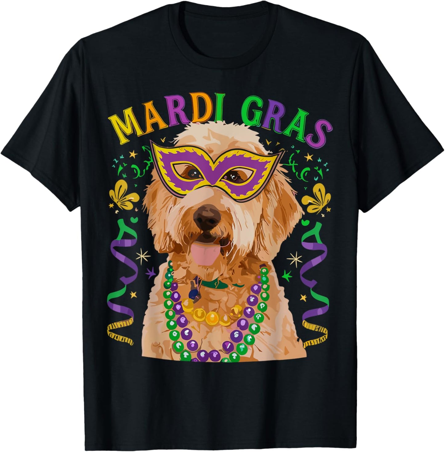 Golden Doodle Mardi Gras Beads Fleur De Lis For Dog Mom Dad T-Shirt - T-Shirt | Black