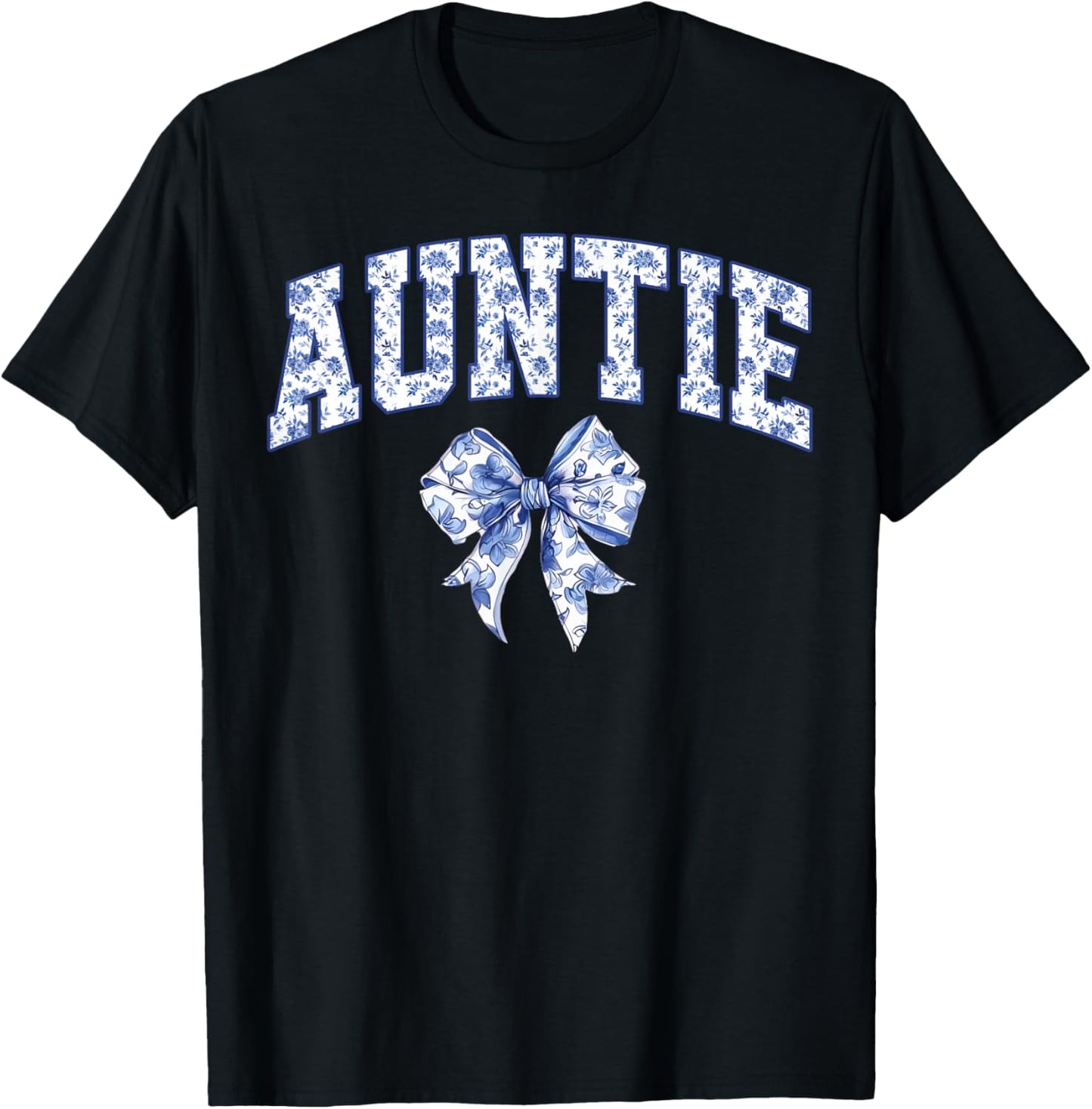 Auntie Coquette Toile Blue Bow Floral Family Matching T-Shirt - T-Shirt | Black
