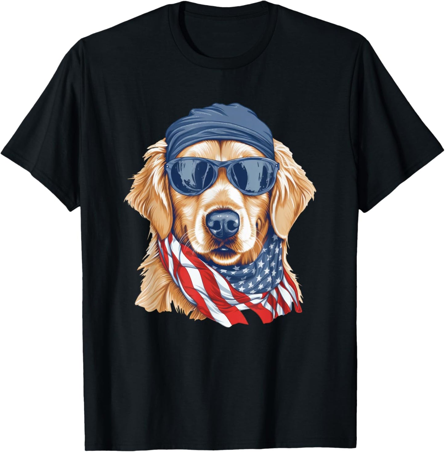 Golden Retriever Sunglasses Bandana Patriotic American Flag Women Kids Men T-Shirt - T-Shirt | Black