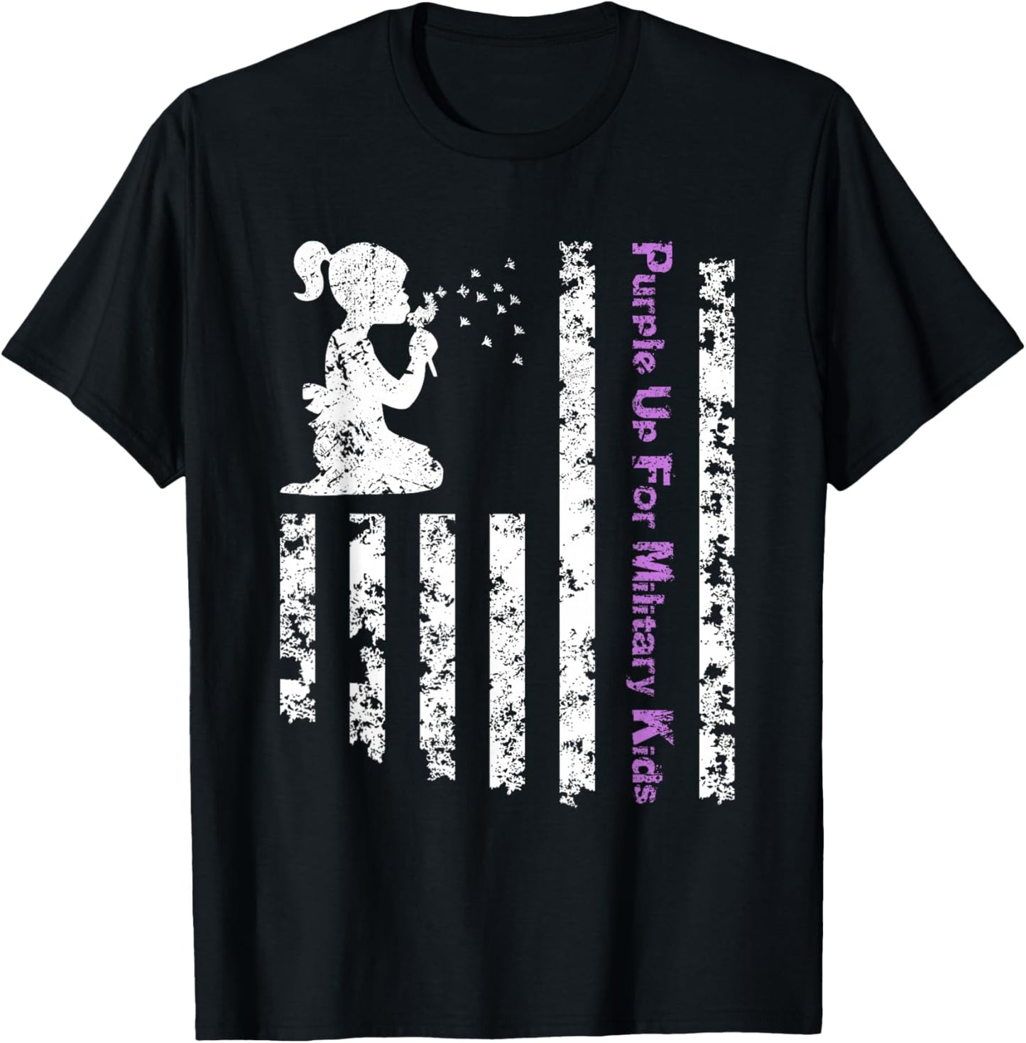 Purple Up For Military Kids Army Child Dandelion US Flag T-Shirt - T-Shirt | Black