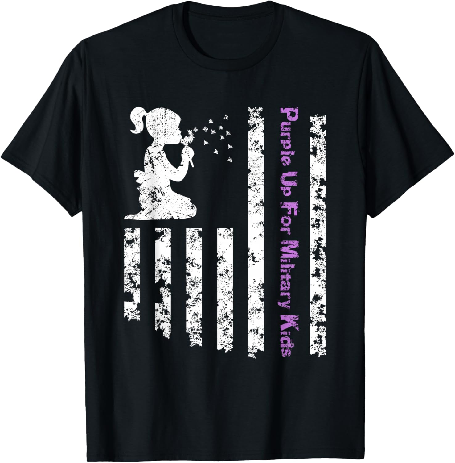 Purple Up For Military Kids Army Child Dandelion US Flag T-Shirt - T-Shirt | Black