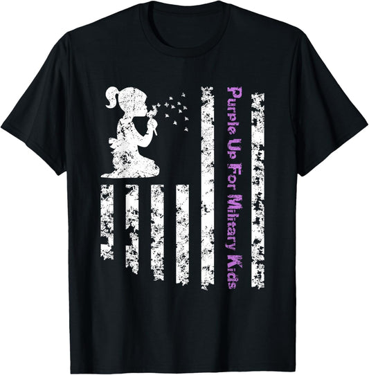 Purple Up For Military Kids Army Child Dandelion US Flag T-Shirt - T-Shirt | Black