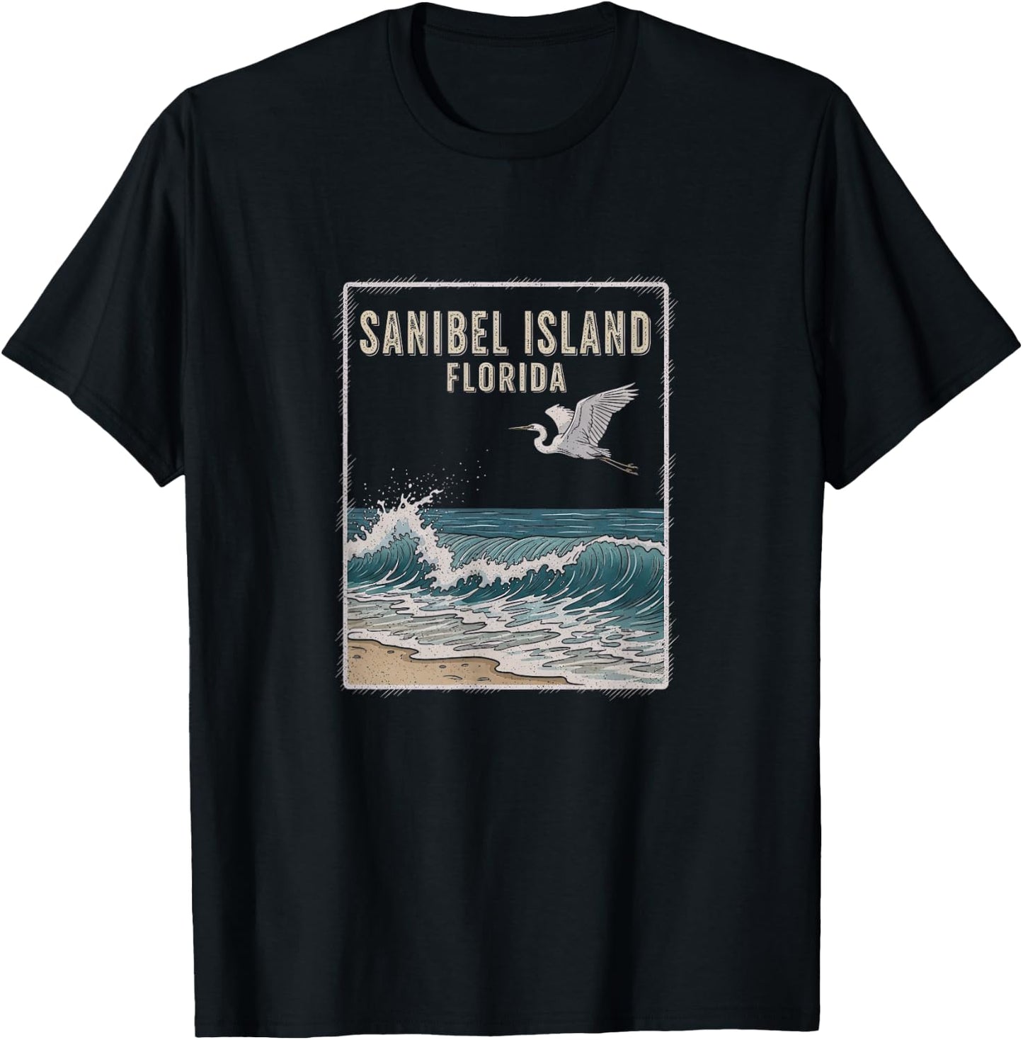Vintage Sanibel Island Florida Drawing Art Design T-Shirt - T-Shirt | Black