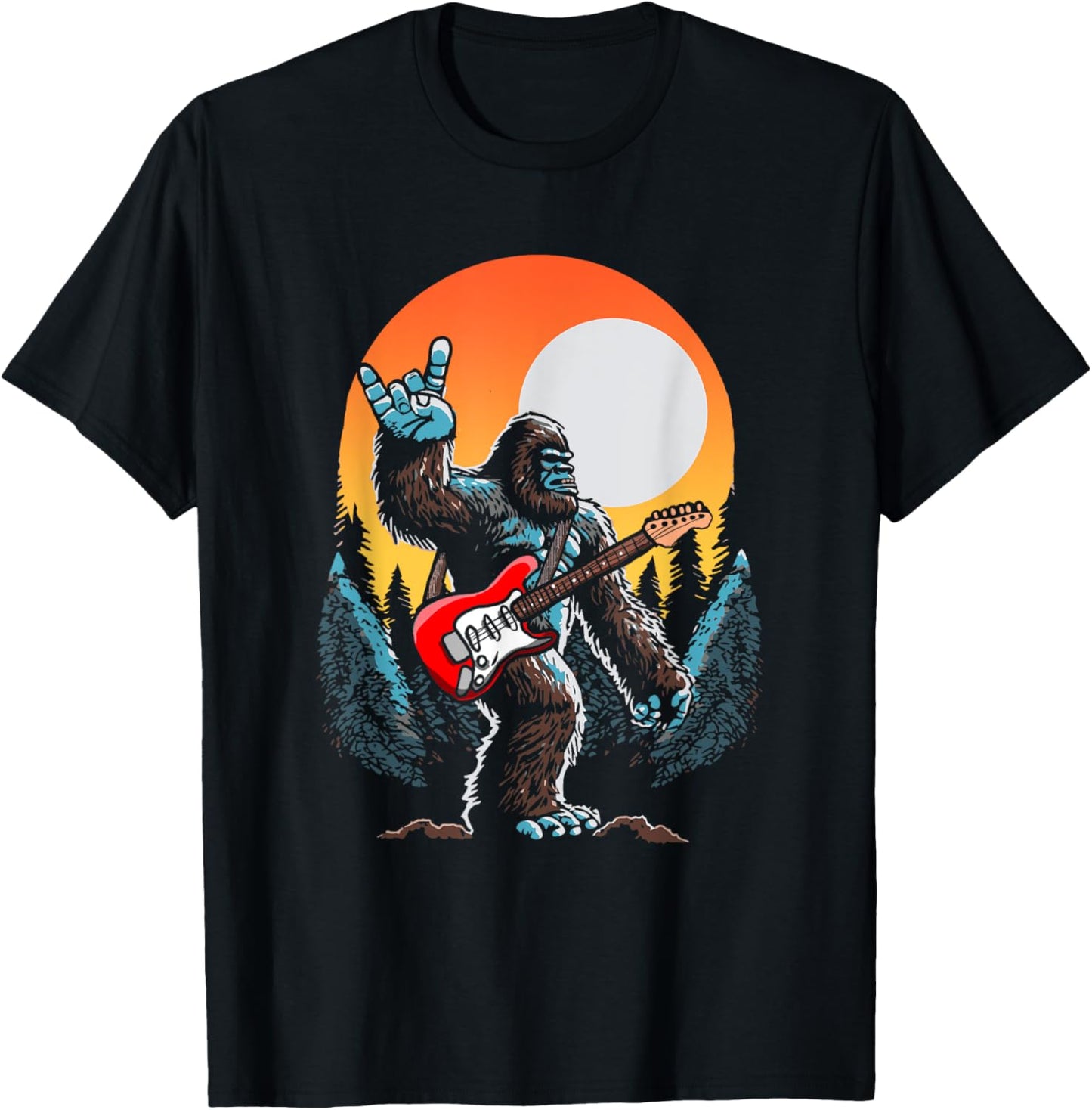 Rock On Sasquatch Rock And Roll Bigfoot Electric Guitar T-Shirt - T-Shirt | Black