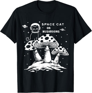 Space Cat on Mushrooms T-Shirt - T-Shirt | Black