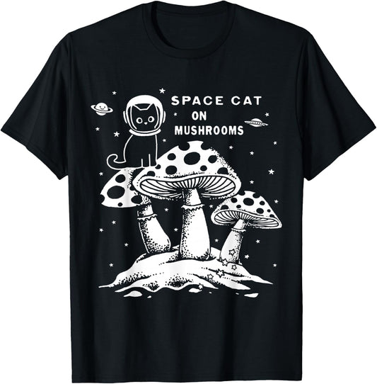 Space Cat on Mushrooms T-Shirt - T-Shirt | Black