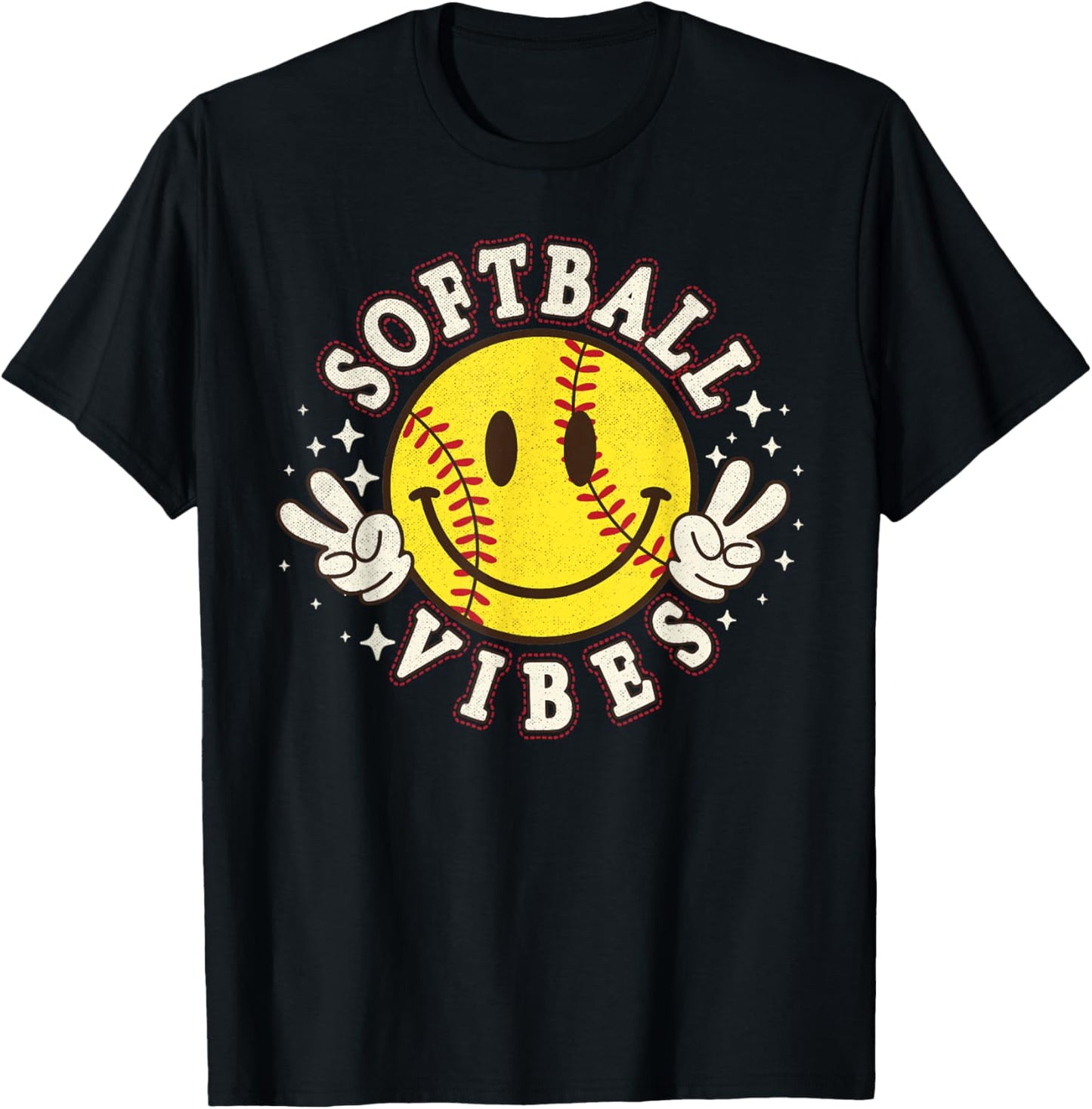Softball Vibes Smile Face Game Day Softball Life Mom Retro T-Shirt - T-Shirt | Black