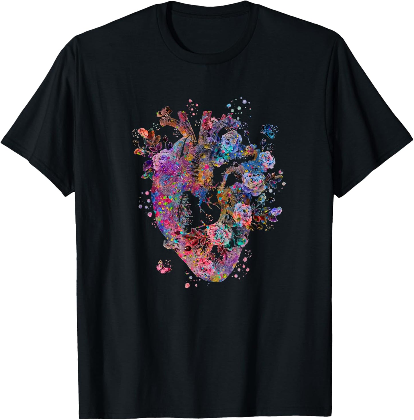 Floral Anatomical Human Heart Graphic Cardiologist Gift T-Shirt - T-Shirt | Black