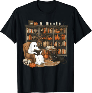 Vintage Ghost Reading Book Lovers Library Halloween Spooky T-Shirt - T-Shirt | Black