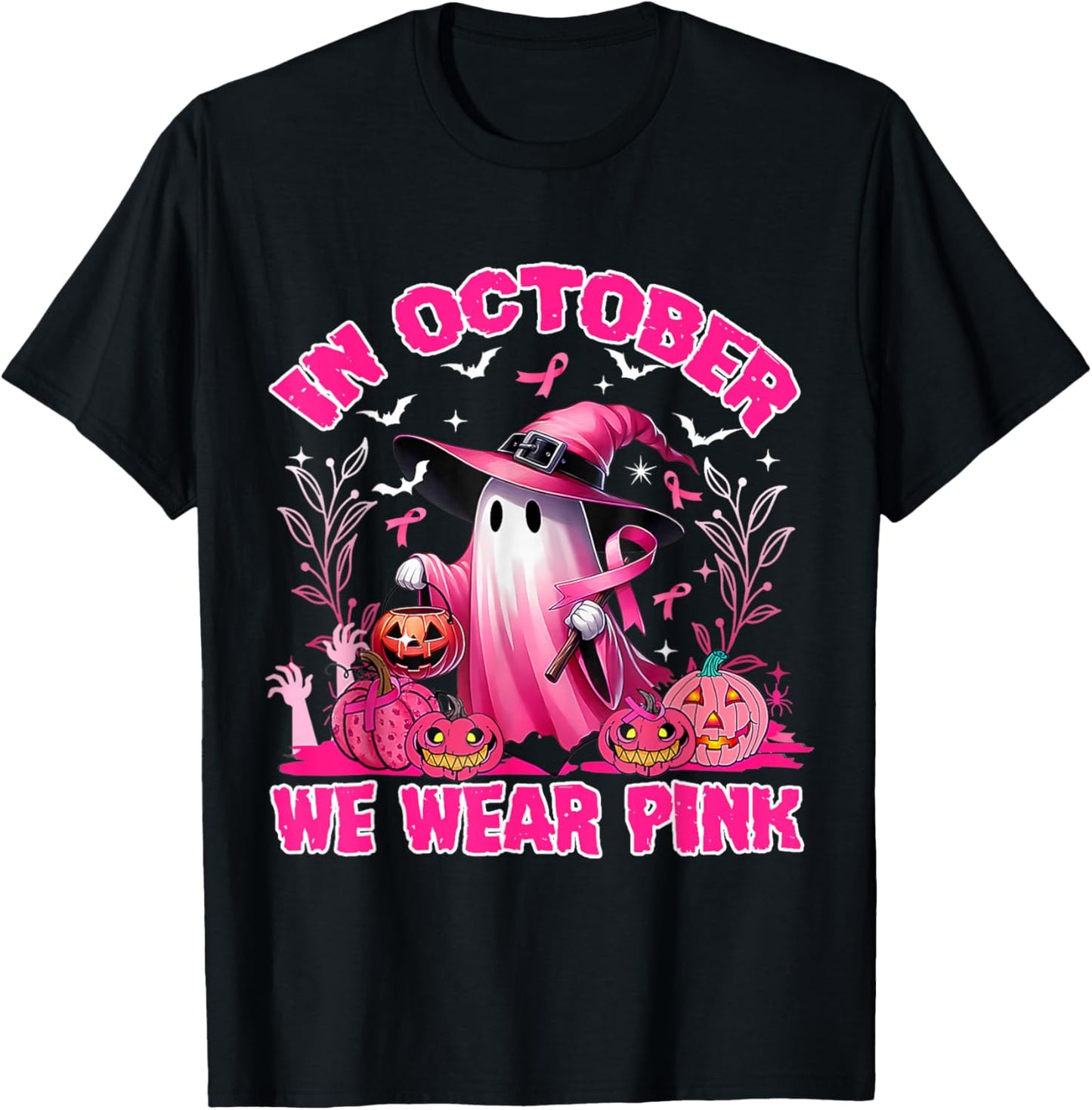 In October We Wear Pink Ghost Witch Breast Cancer Awareness T-Shirt - T-Shirt | Black