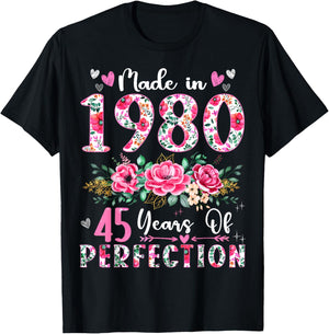 45 Year Old Made In 1980 Floral 45th Birthday Women T-Shirt - T-Shirt | Black