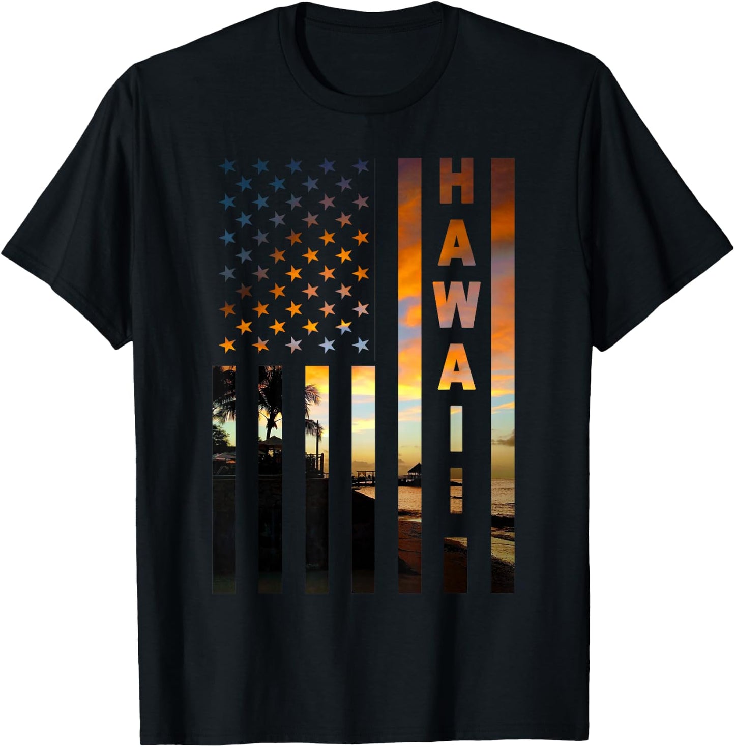 Hawaii Sunset American Flag Honolulu Hawaiian Island T-Shirt - T-Shirt | Black