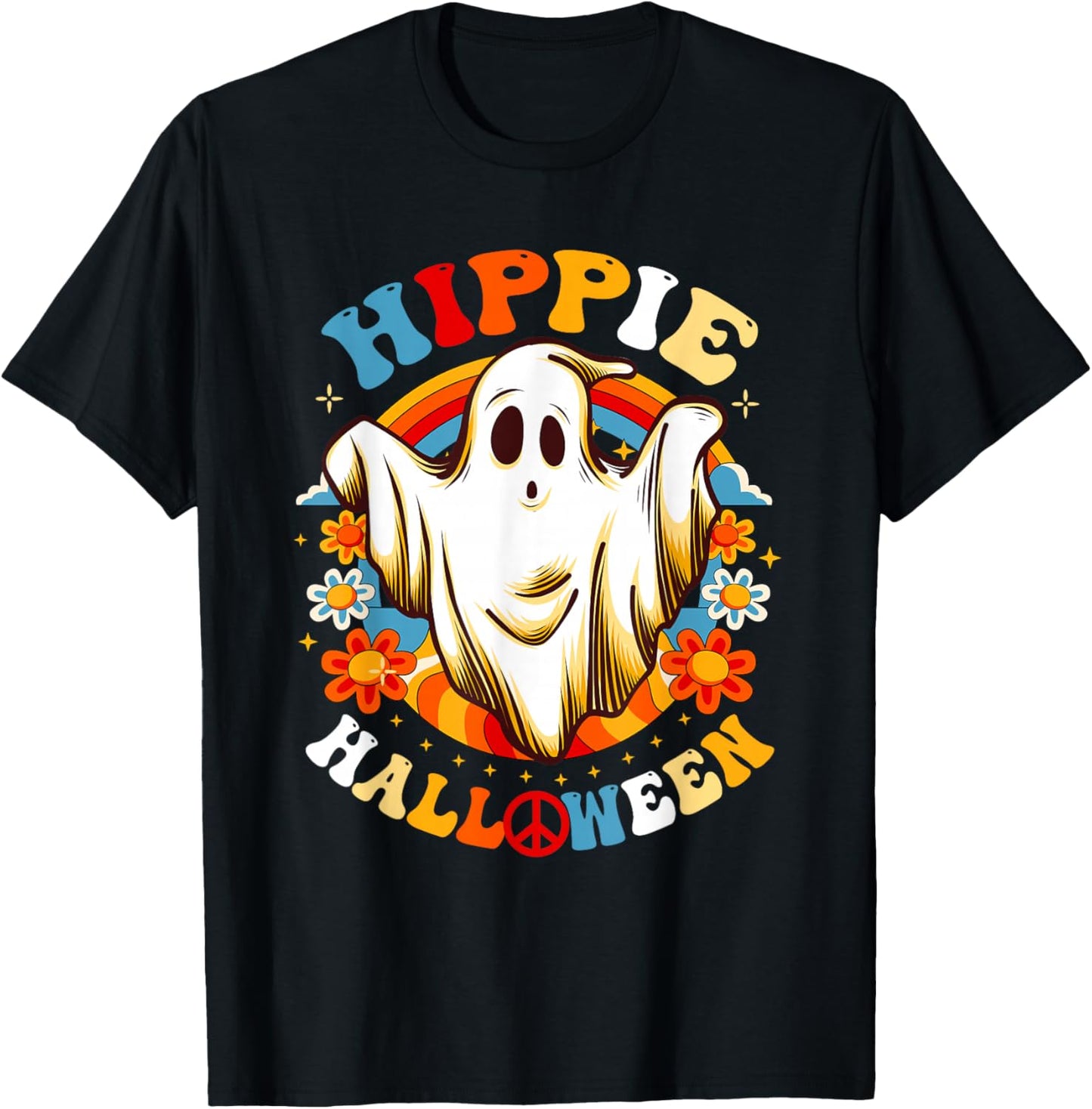 Retro Groovy Peace Hippie Halloween Vintage Floral Ghost T-Shirt - T-Shirt | Black