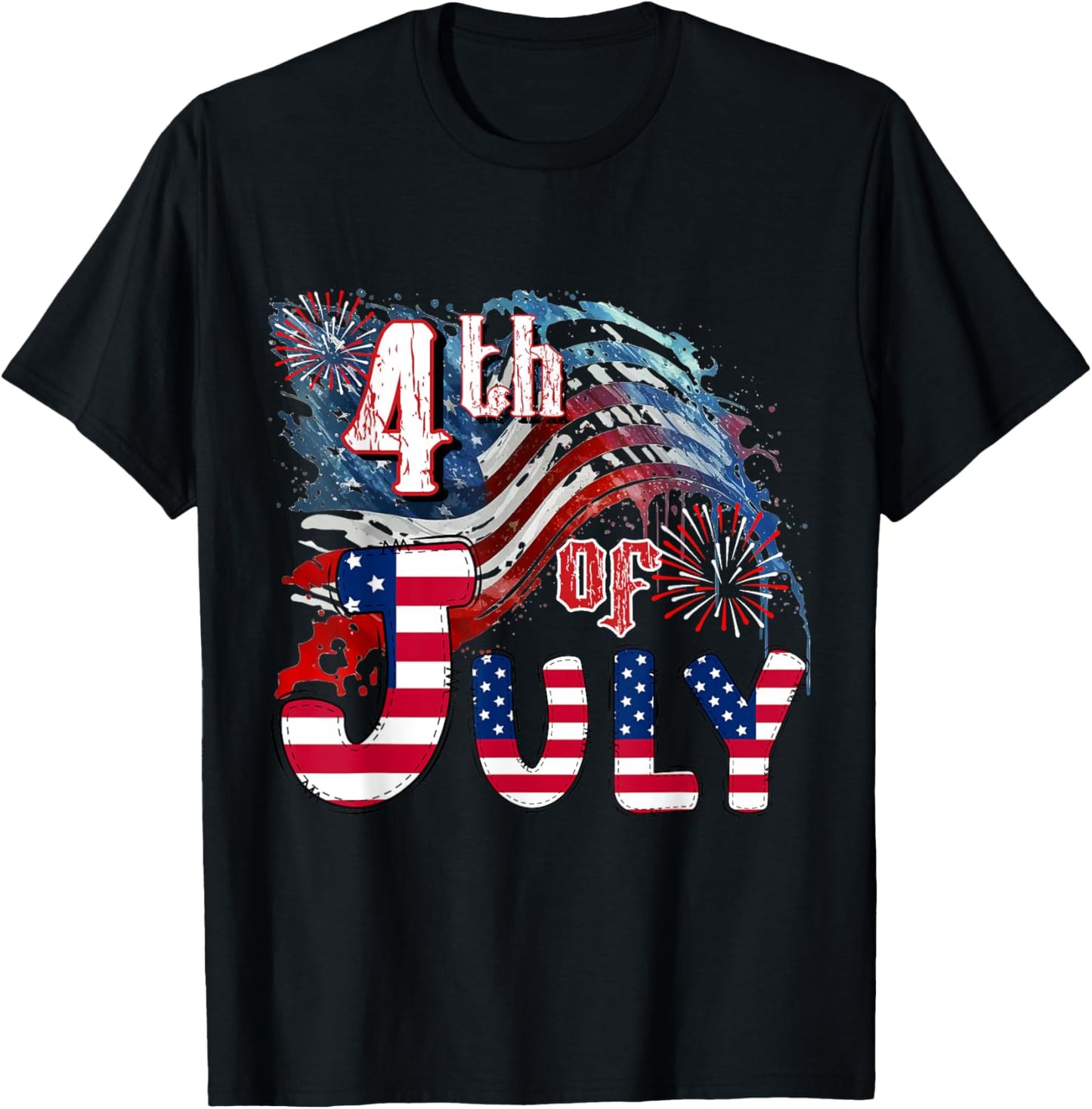 Fireworks Happy 4th Of July US Flag American 4th Of July T-Shirt - T-Shirt | Black