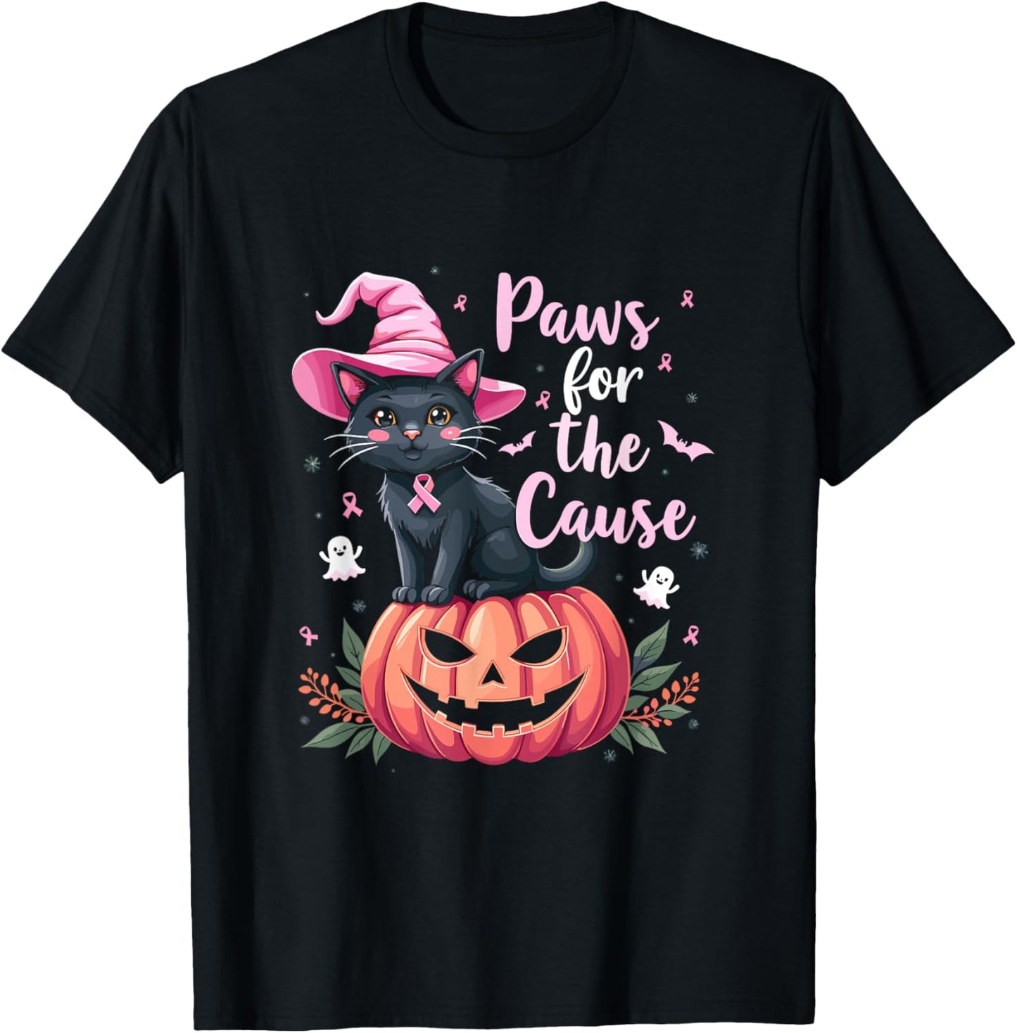 Paws For The Cause Pink Ribbon Witch Hat Pumpkin T-Shirt - T-Shirt | Black