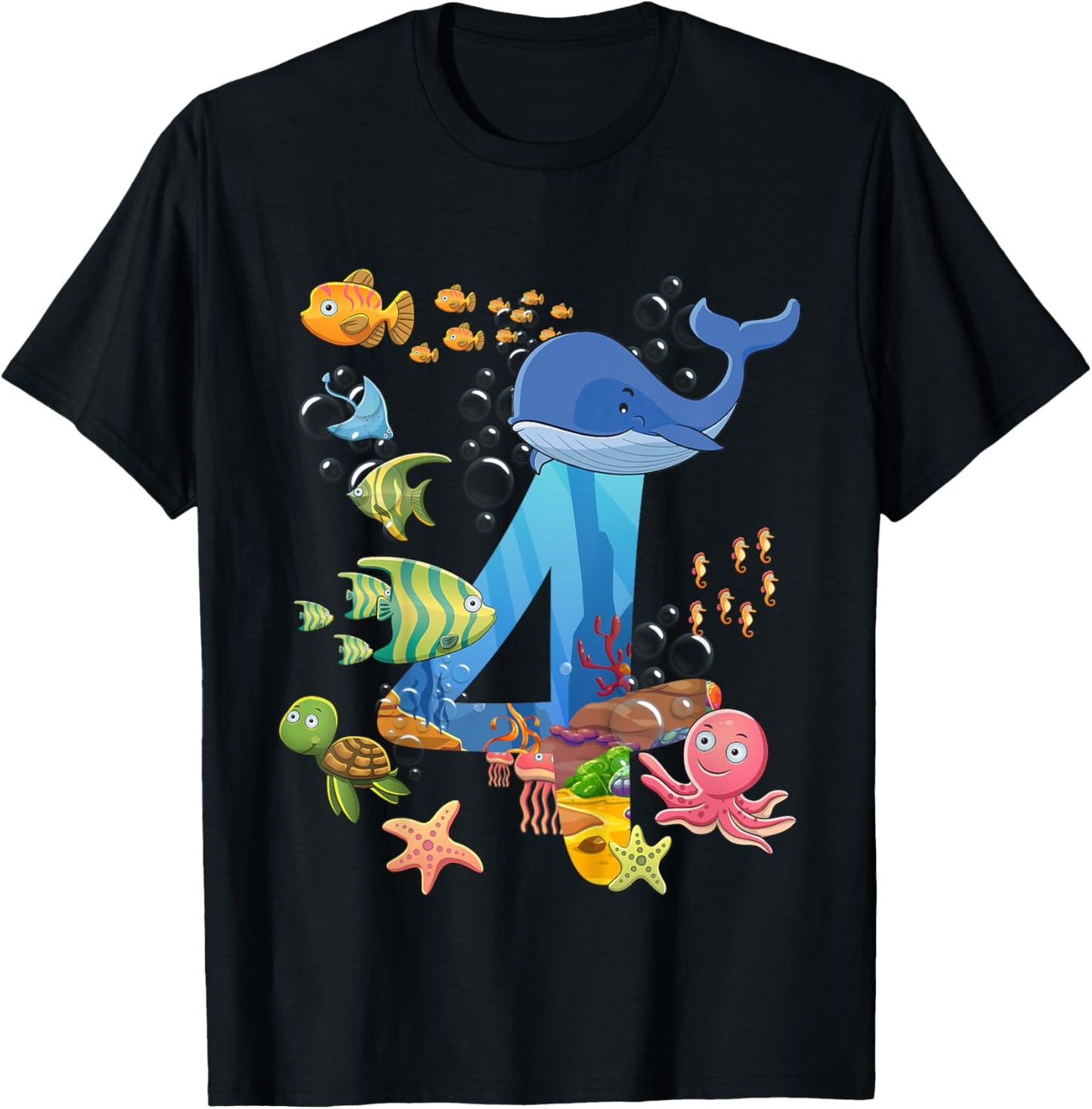 Kids 4 Years Old Sea Fish Ocean Animal 4th Birthday Boy Girl T-Shirt - T-Shirt | Black