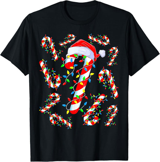 Red And White Candy Cane Santa Christmas Funny Xmas Lights T-Shirt - T-Shirt | Black
