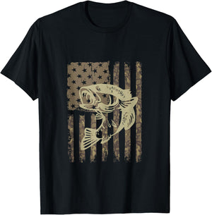 Camouflage USA Flag Big Mouth Bass Vintage Fishing T-Shirt - T-Shirt | Black