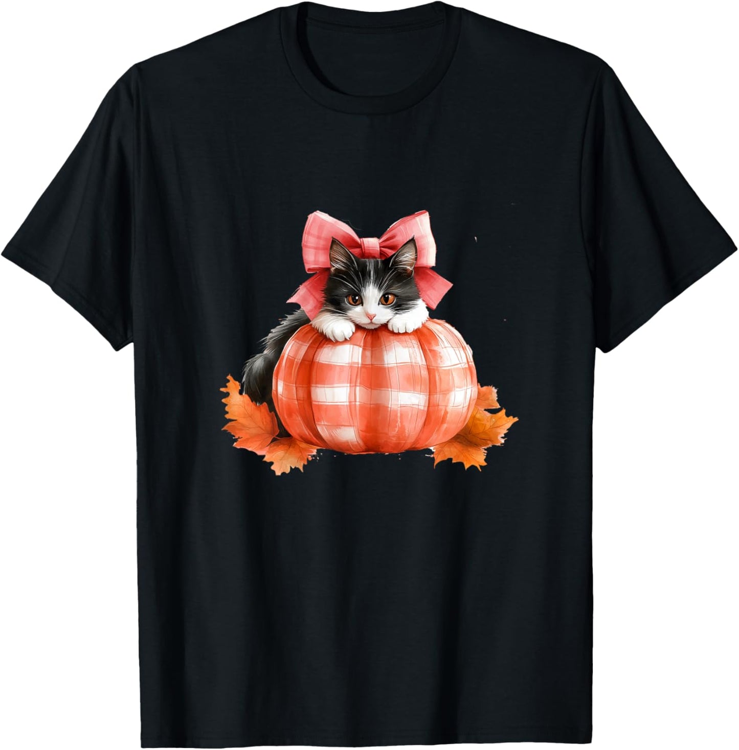 Cute Halloween Pumpkin Cat Pink Fall Plaid Thanksgiving Girl T-Shirt - T-Shirt | Black