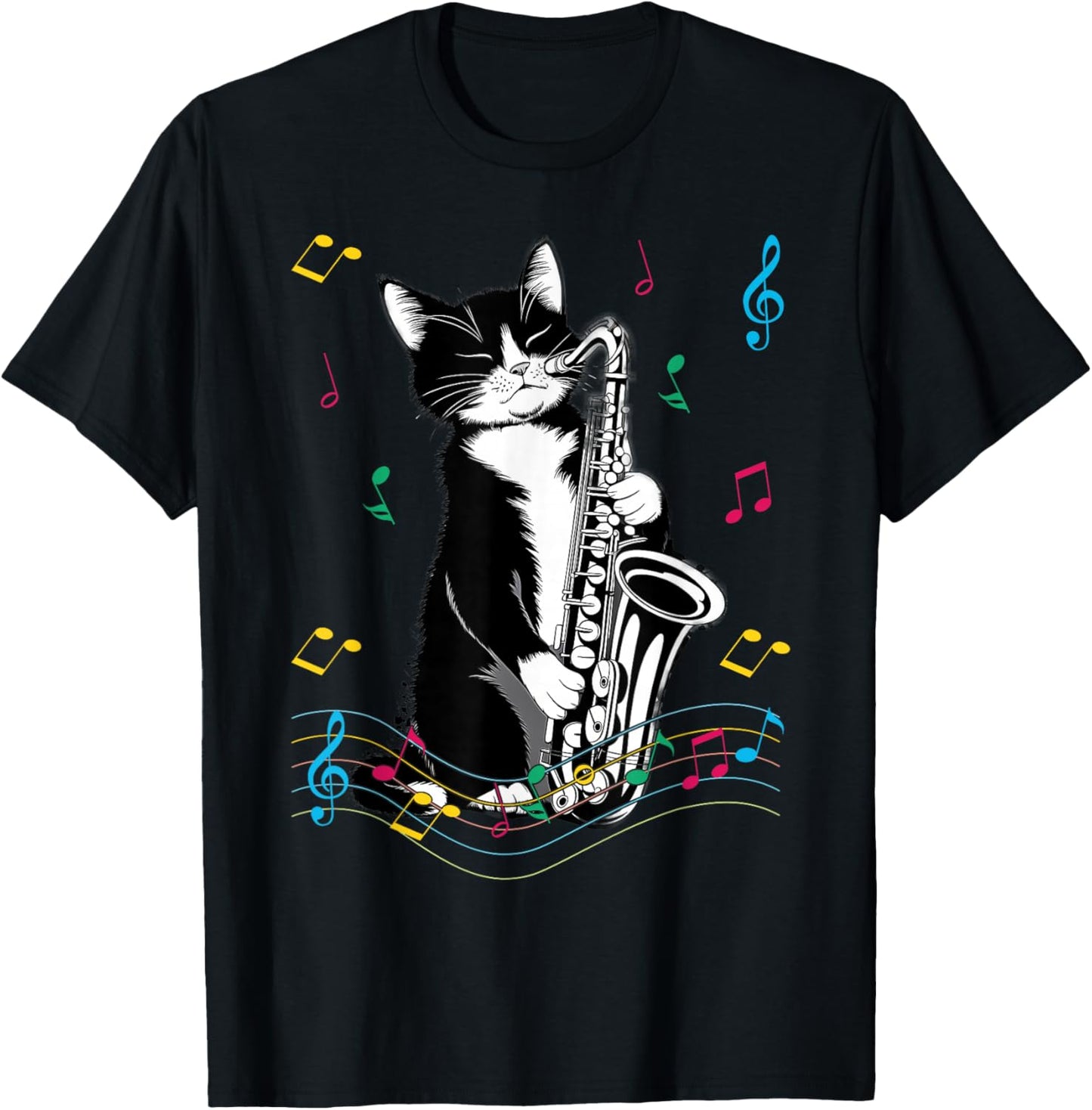 Cat Playing Saxophone Funny Cat Jazz Sax Music Saxophonist T-Shirt - T-Shirt | Black
