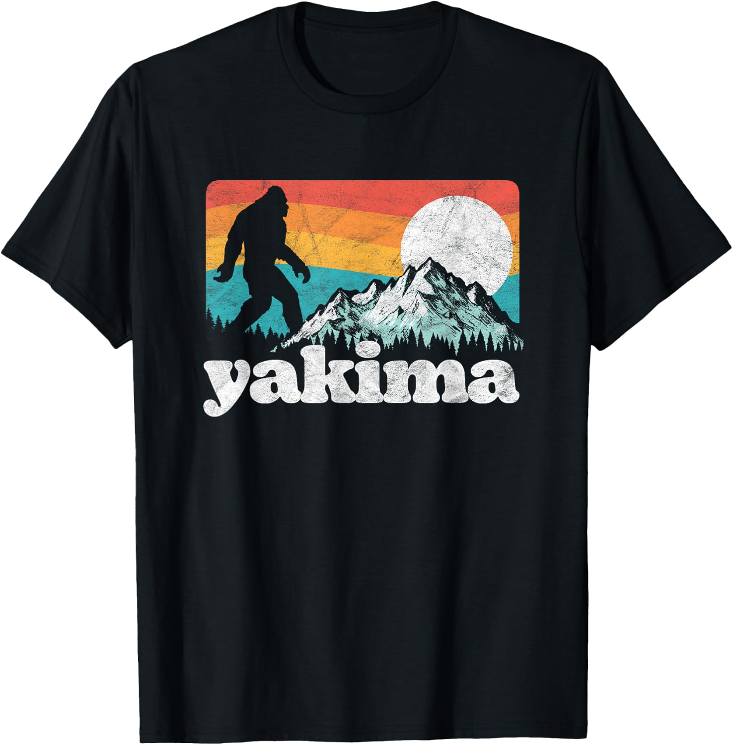 Yakima Washington Bigfoot Mountains Retro Distressed 80s T-Shirt - T-Shirt | Black