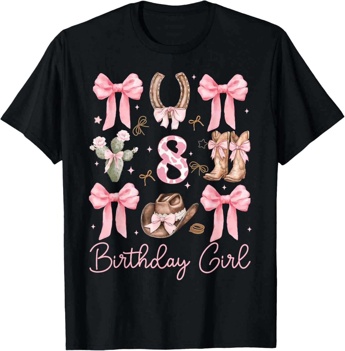 8th Birthday Girl Cowgirl Coquette Bow 8 Year Old Western T-Shirt - T-Shirt | Black