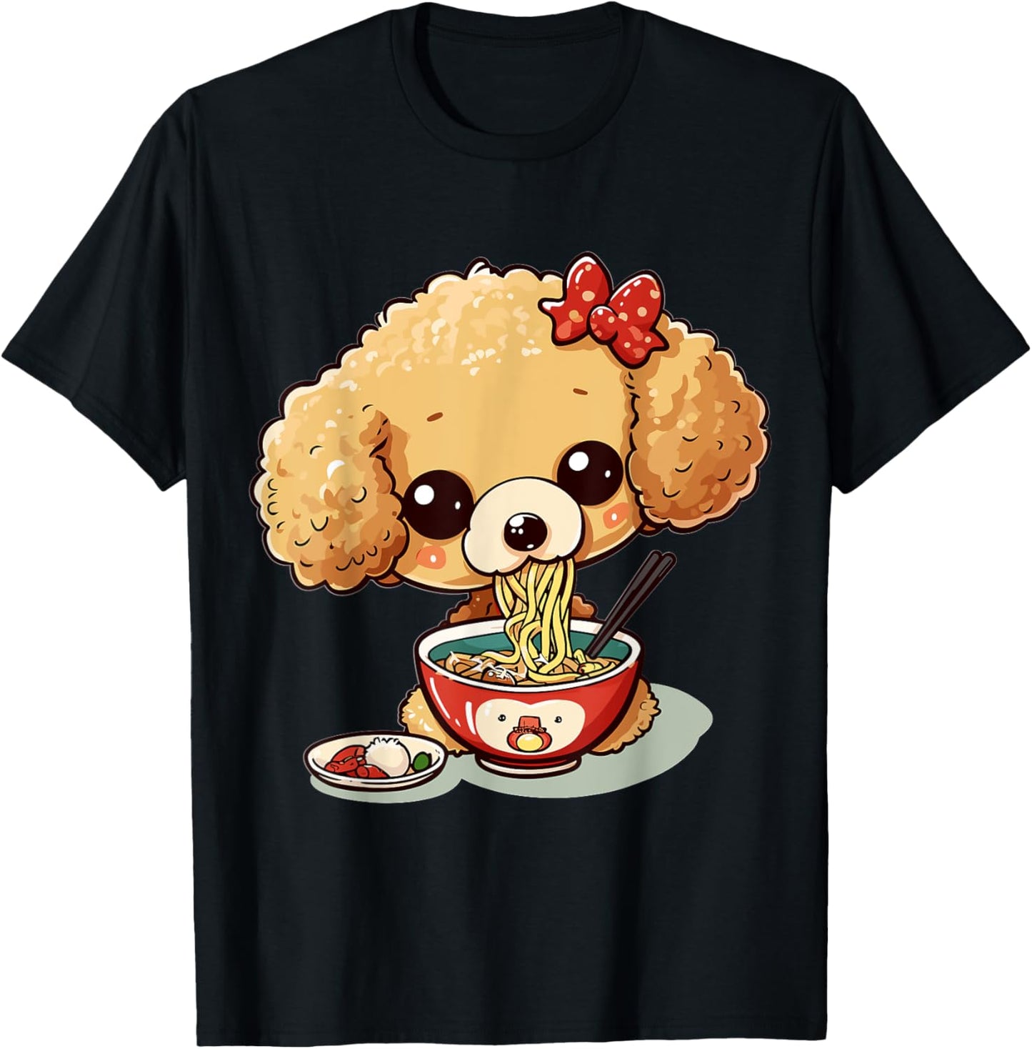 Toy Poodle eating Ramen Noodle Soup Anime Kawaii Graphic T-Shirt - T-Shirt | Black