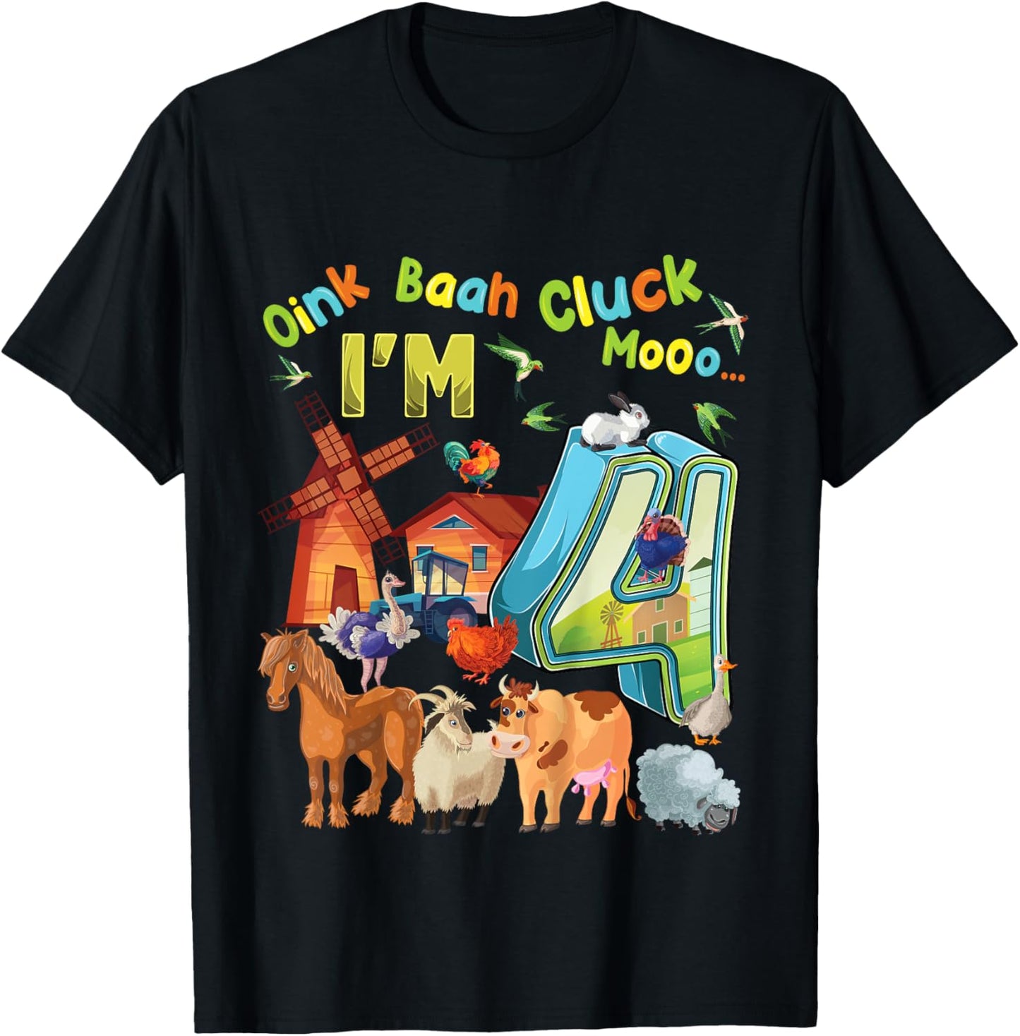 Barnyard 4th Birthday Farm Animals 4 Years Old Farming T-Shirt - T-Shirt | Black