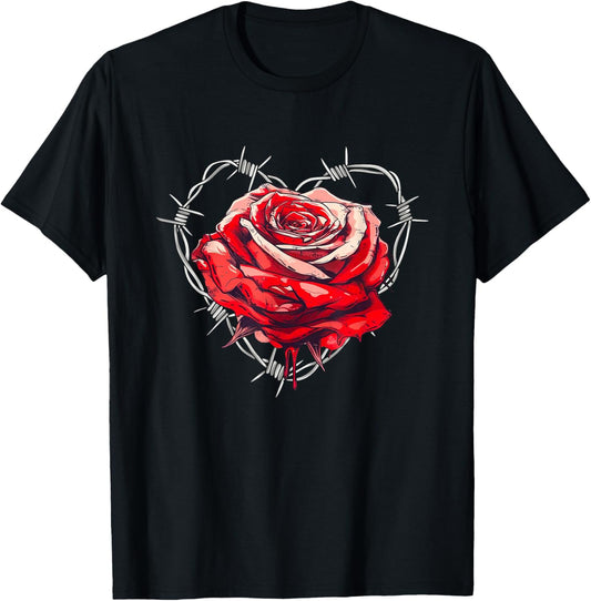 Red Rose in Barbed Wire Love Heart T-Shirt - T-Shirt | Black