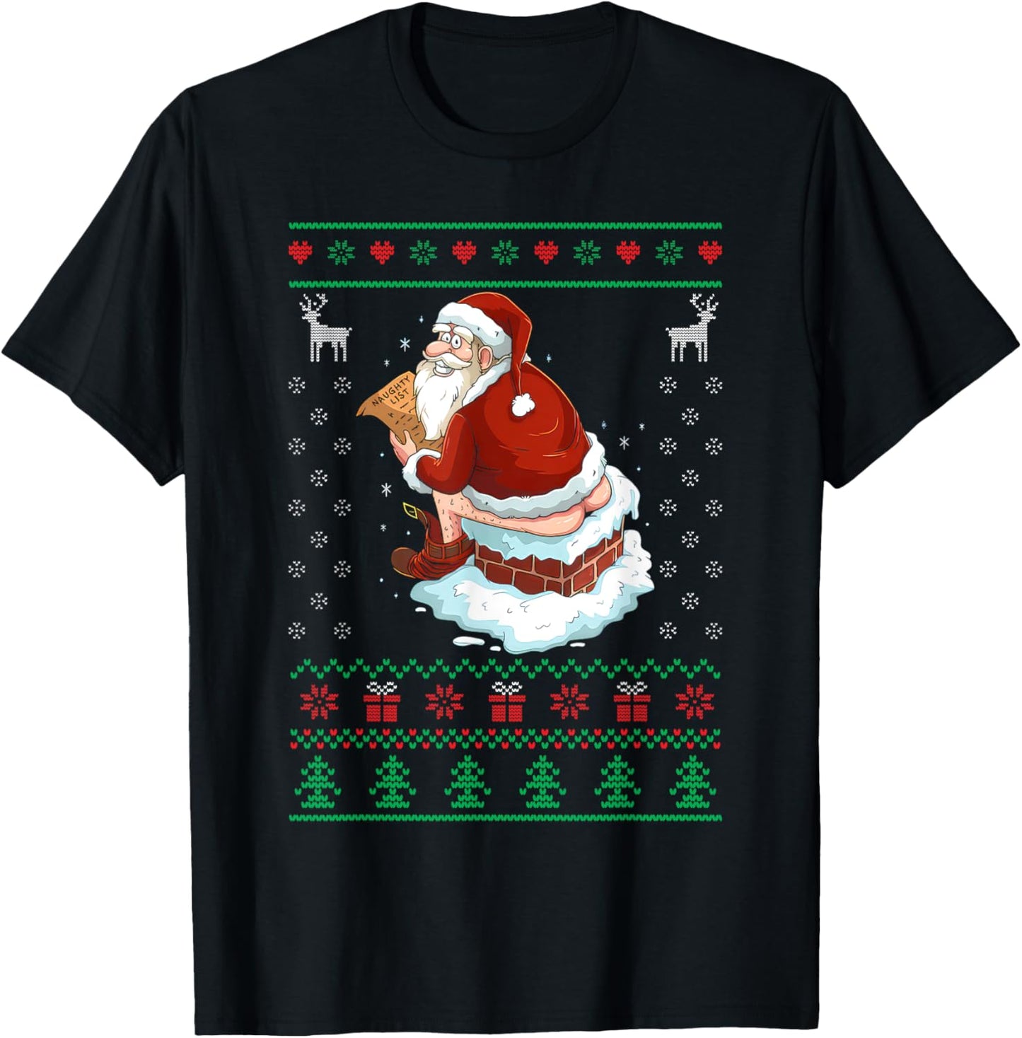 Funny Santa Pooping Down the Chimney Ugly Sweater Christmas T-Shirt - T-Shirt | Black