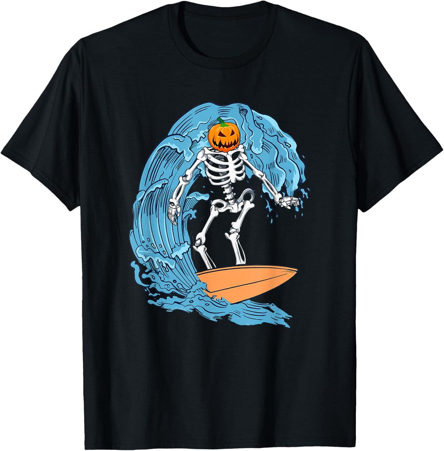 Skeleton Surfing Halloween Pumpkin Surfer T-Shirt - T-Shirt | Black