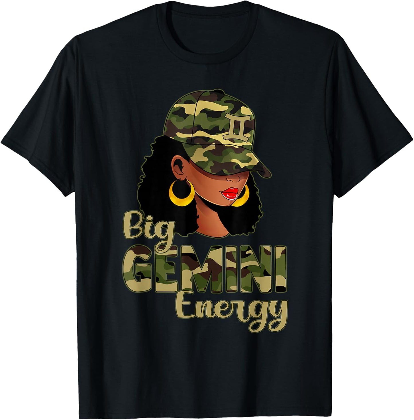 Big Gemini Energy Black Woman Camo Cap Hat Zodiac Sign T-Shirt - T-Shirt | Black