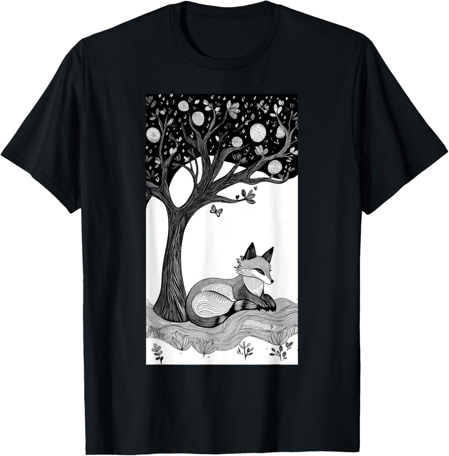 Fox Trees Nature Tree art Animal lover Art T-Shirt - T-Shirt | Black