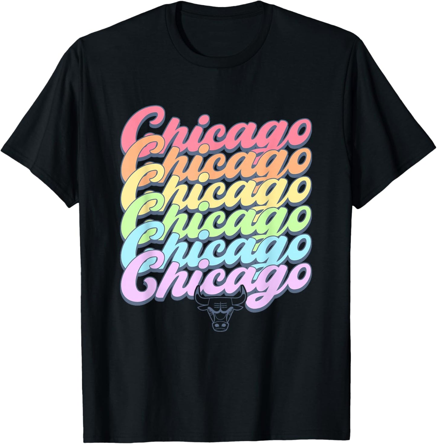 NBA Chicago Bulls Pastel Rainbow Pride Stack T-Shirt - T-Shirt | Black