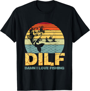 DILF Damn I Love Fishing Funny Saying Fishermen Vintage T-Shirt - T-Shirt | Black