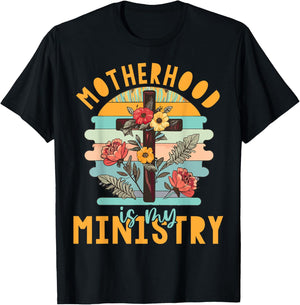 Groovy Retro Floral Motherhood Is My Ministry T-Shirt - T-Shirt | Black