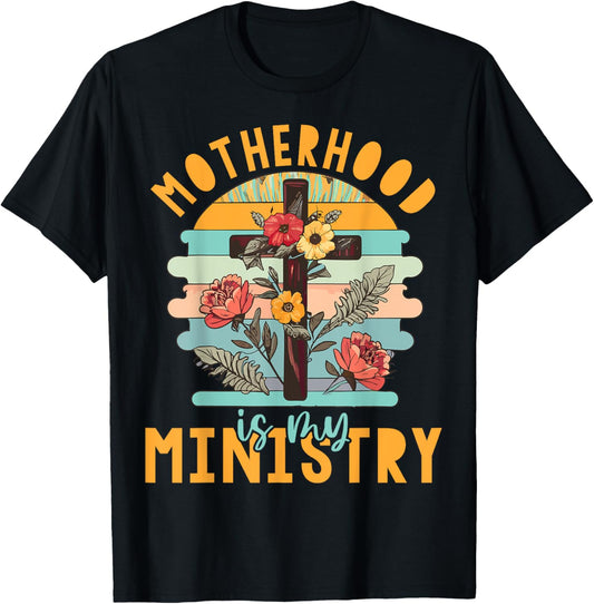 Groovy Retro Floral Motherhood Is My Ministry T-Shirt - T-Shirt | Black