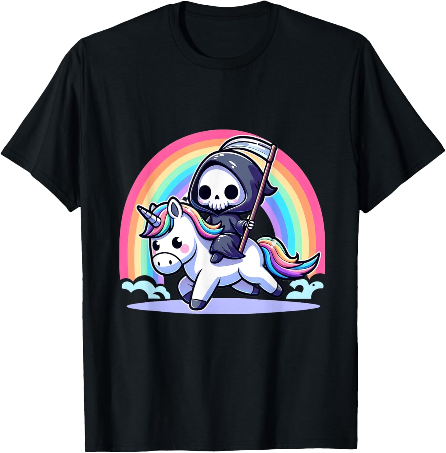 Grim Reaper Riding Unicorn Funny Rainbow Heavy Metal T-Shirt - T-Shirt | Black